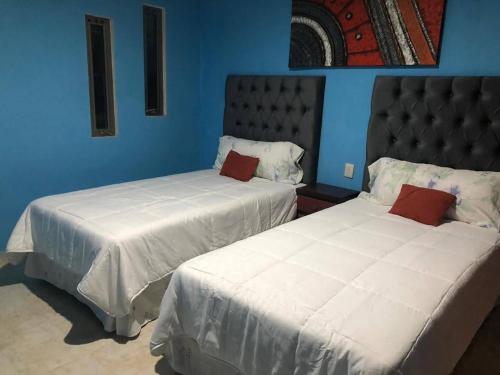 2 camas en una habitación con paredes azules en El sueño de Maria en Veracruz