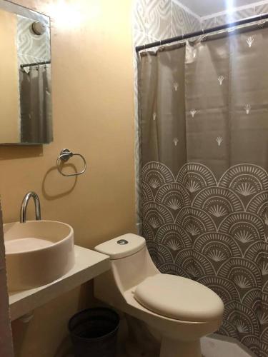a bathroom with a toilet and a sink and a shower at El sueño de Maria in Veracruz