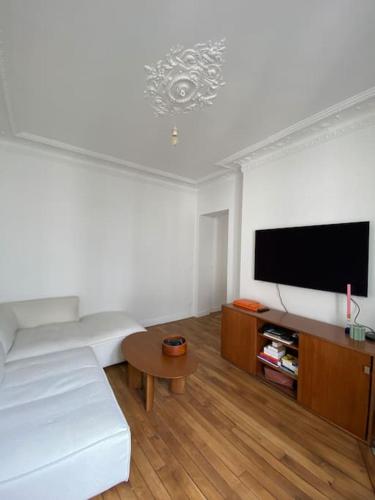 パリにある1 bedroom apartment in Montmartreのリビングルーム(ソファ、薄型テレビ付)