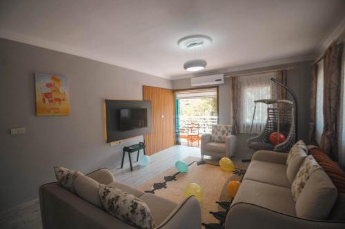 a living room with a couch and a tv at Efulim Apart in Çamlıhemşin