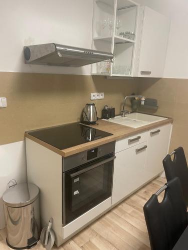 a kitchen with a sink and a stove top oven at Apartmán Ivona 2 in Zlín
