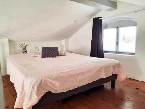 1 dormitorio con 1 cama grande y ventana en adorable guest house avec jardin et parking privatif, en Aix-en-Provence