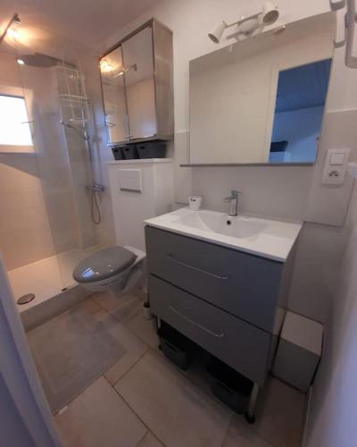 une salle de bain avec un lavabo et des toilettes dans l'établissement adorable guest house avec jardin et parking privatif, à Aix-en-Provence