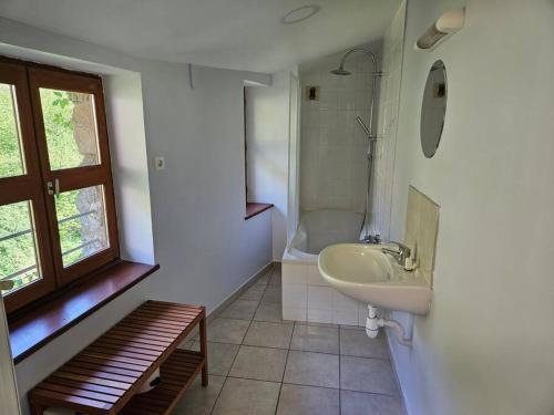Malleval的住宿－Appartement Malleval Chez Jeanne，浴室配有盥洗盆、卫生间和浴缸。