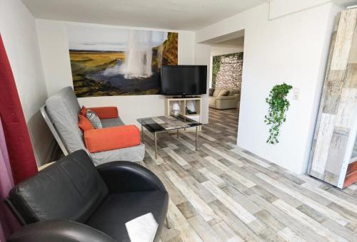 uma sala de estar com um sofá e uma televisão em Ferienwohnung - Appartement "Painted Horse" im Herzen des Pfälzer Waldes em Reichenbach-Steegen