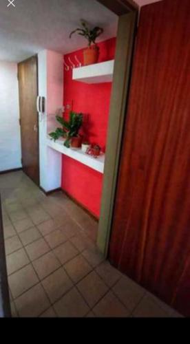 um corredor com uma parede vermelha com vasos de plantas numa prateleira em Don KIke em San Luis