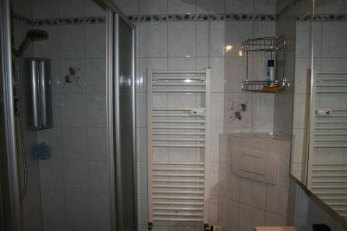 Ferienwohnung Thermen في ميرانو: حمام مع دش ومرحاض ومغسلة