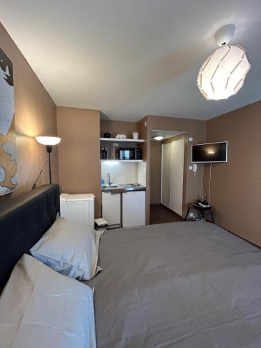 une chambre avec un grand lit dans une pièce dans l'établissement Appart & Studio Hyper Centre de Strasbourg - Proche Cathédrale & Petite France, à Strasbourg