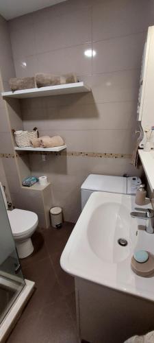 Un baño con lavabo blanco y inodoro. en Nota Apartman, en Vrnjačka Banja