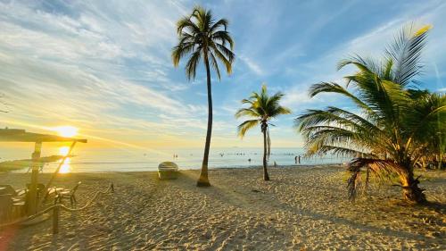 einen Strand mit Palmen und dem Meer bei Sonnenuntergang in der Unterkunft Cabaña pescador de colores in Coveñas