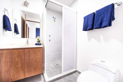 y baño con ducha y aseo. en Comfy Apartment with Private Balcony & Natural Light - Xola, en Ciudad de México