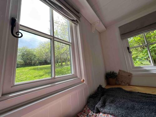 a bedroom with two windows and a bed in it at Cornwall Woodland Dog Friendly Shepherd's Hut in Bodmin