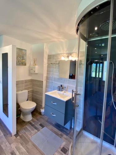 une salle de bain avec toilettes, lavabo et douche dans l'établissement La Chambre à Tourtour, à Tourtour