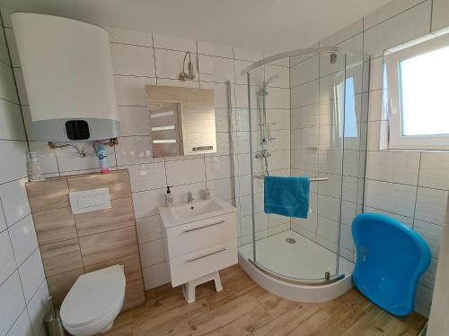 a bathroom with a shower and a toilet and a sink at Błękitne Zamorze in Niechorze