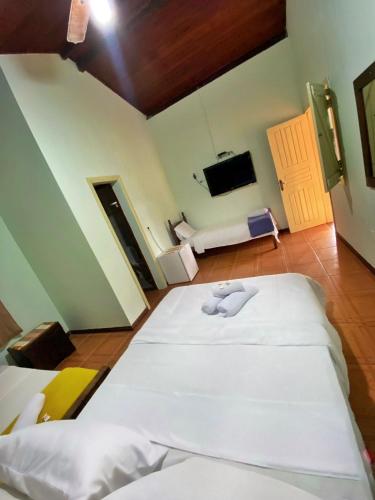 a bedroom with two beds in a room with a tv at Pousada Jardim de Minas in Serra do Cipo