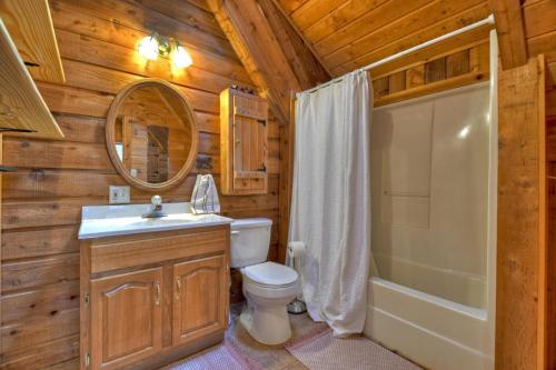 uma casa de banho com um WC, um lavatório e um chuveiro em Lazy Bear Outlook em Ellijay