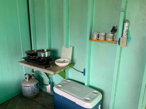 a green room with a stove and a toilet at Simple Rustic studio deluxe bed in tropical fruits garden in Mountain View