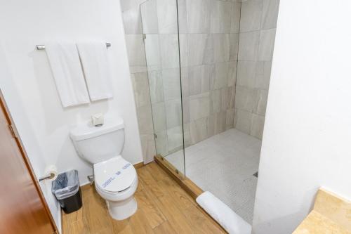 a bathroom with a toilet and a shower at Hotel Pacific Blue Mazatlan in Mazatlán