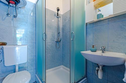ein Bad mit einer Dusche, einem Waschbecken und einem WC in der Unterkunft Apartments by the sea Ubli, Lastovo - 16599 in Lastovo