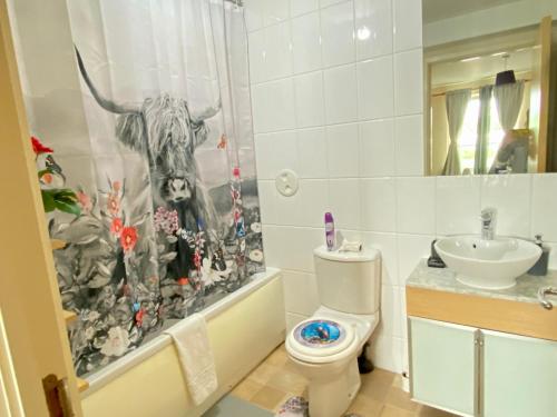 een badkamer met een toilet, een douche en een wastafel bij Lovely double room with private bathroom and Double room with shared toilet & PARKING FREE in Edinburgh