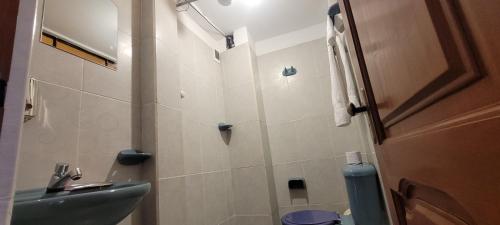 Hostal Sol y Luna في كوباكابانا: حمام صغير مع حوض ومرحاض