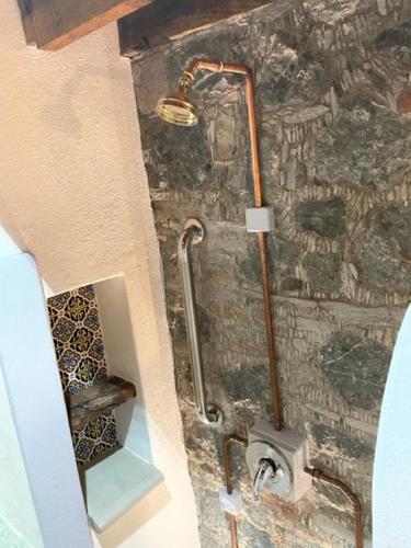 a bathroom with a toilet in a stone wall at Sanbernabé tres in Guanajuato