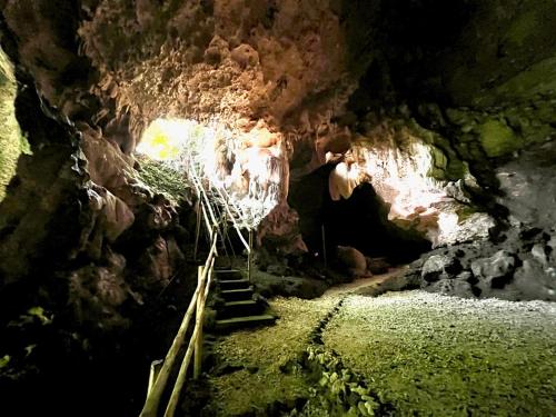 a cave with stairs leading into a large cave at Freshwater Plantation Farm Stay in Luganville