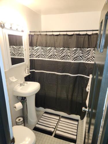 een badkamer met een zwart douchegordijn en een wastafel bij Spacious 3br, 2b in Brooklyn
