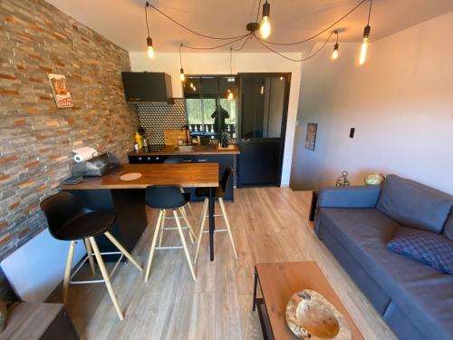 un salon avec un canapé et une table dans l'établissement Studio Cabine Idéal: à 400m du Centre, Balcon Ouest, Casier à Skis – Châtel - FR-1-693-97, à Châtel