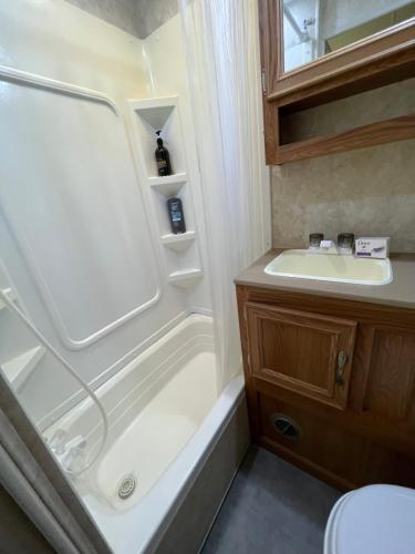 a bathroom with a tub and a sink and a shower at Salmon River RV camping in Mountain Grove