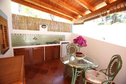 cocina con mesa de cristal, sillas y fregadero en Villa Crimi, en Vulcano