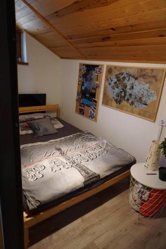 Dormitorio con cama, mesa y carteles en Chata Žár, en Žár