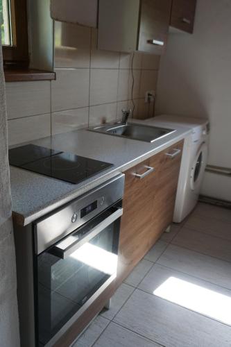 a small kitchen with a sink and a stove at Chata Žár in Žár