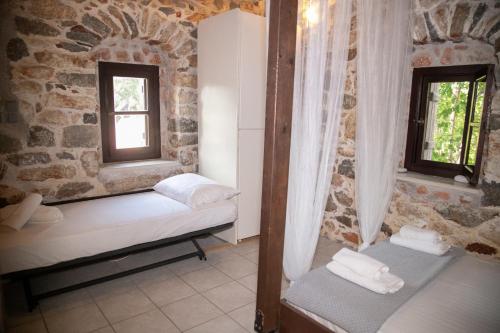two beds in a room with two windows at Anna's Garden in Triandafilliá
