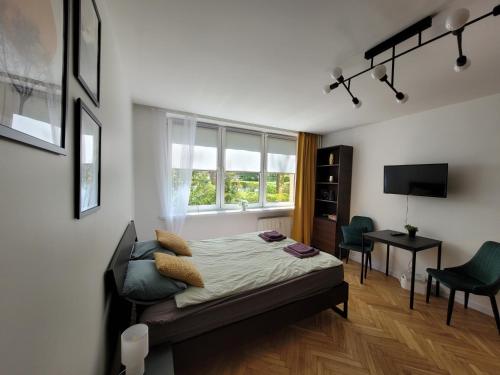 a bedroom with a bed and a desk and a television at Apartament 21 in Gdynia