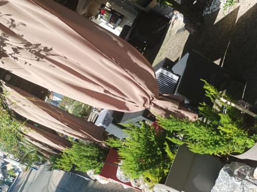 an overhead view of a brown umbrella and some plants at L' Auberge Campagnarde, Lourdes in Poueyferré