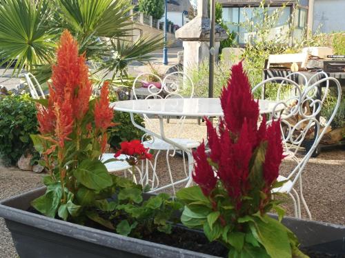 a table and chairs and flowers in a pot at L' Auberge Campagnarde, Lourdes in Poueyferré