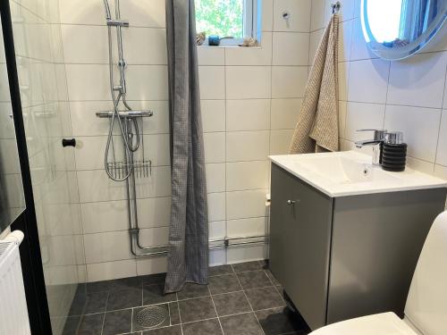 ein Bad mit einer Dusche und einem Waschbecken in der Unterkunft Nice house in Trosa with spa bath and close to the sea in Trosa