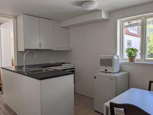 uma cozinha branca com um lavatório e um micro-ondas em Casa Bianca em Vadstena