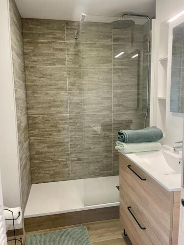 une salle de bain avec douche et lavabo dans l'établissement Centre-ville - Plage à pied - Calme - Parking, à Quiberon