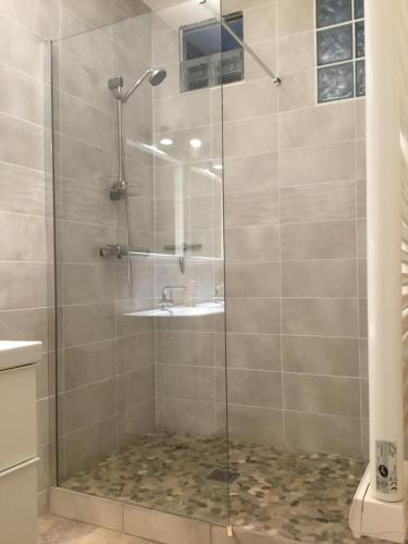 ducha con puerta de cristal y lavamanos en Arcachon Villa aux Abatilles, en Arcachon