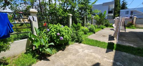 un jardín con flores púrpuras y una valla en Rio cottage apartment, en Ureki