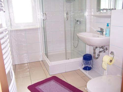 uma casa de banho com um chuveiro, um lavatório e um WC. em LANDHAUS JASMIN ausgezeichnet mit 4 Kristallen - FW Zinkenblick em Bad Mitterndorf