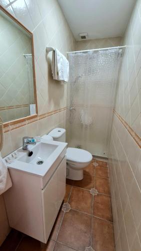 a bathroom with a toilet and a sink and a mirror at Hostal Canalejas in Cádiz