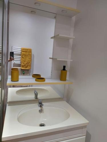 a white sink in a white bathroom with shelves at Studio avec une cour. in Joigny