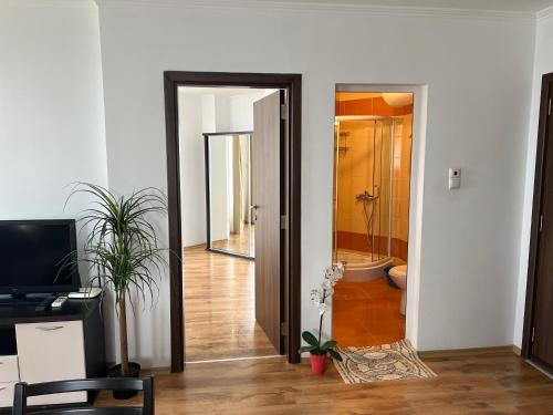 um corredor com uma casa de banho com um WC e uma banheira em Antorini Apartments em Sveti Vlas