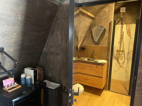 a small bathroom with a sink and a shower at Loft Heerehof in Schoorl