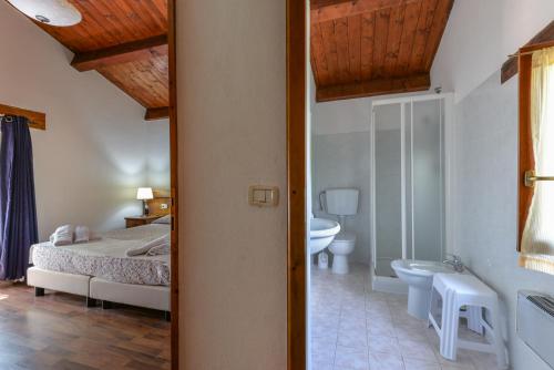 a bedroom with a bed and a tub and a toilet at Casa Rustica singola con piscina immersa nella natura in parco privato in Castel del Piano