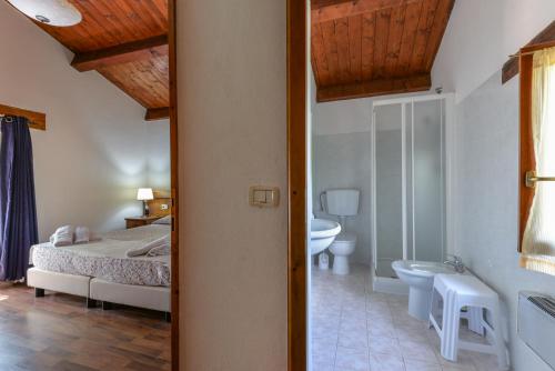 a bedroom with a bed and a tub and a toilet at 3 Charming Private Home with Pool, BBQ, Wi-Fi & Free Parking in Castel del Piano