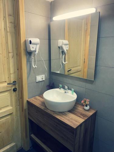 a bathroom with a sink and a mirror at Didveli Gallery B-211 in Bakuriani